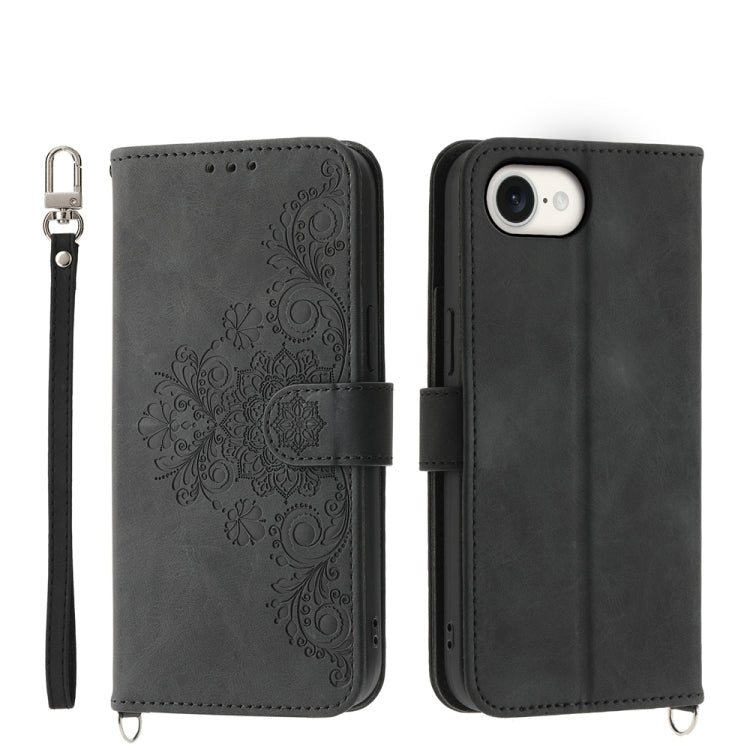 For iPhone SE 2024 Skin-feel Flowers Embossed Wallet Leather Phone Case(Black) - More iPhone Cases by buy2fix | Online Shopping UK | buy2fix