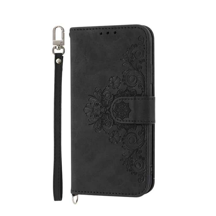 For iPhone SE 2024 Skin-feel Flowers Embossed Wallet Leather Phone Case(Black) - More iPhone Cases by buy2fix | Online Shopping UK | buy2fix