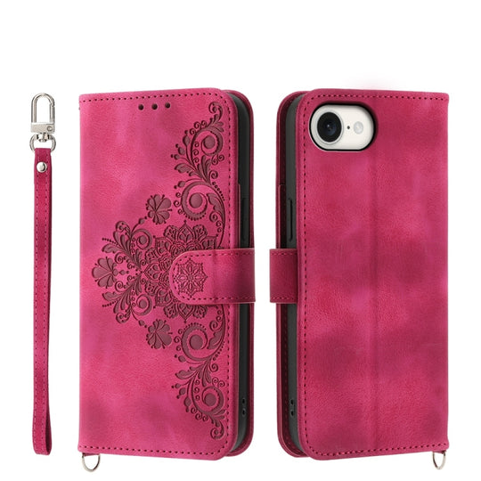 For iPhone 17e / 16e Skin-feel Flowers Embossed Wallet Leather Phone Case(Wine Red)