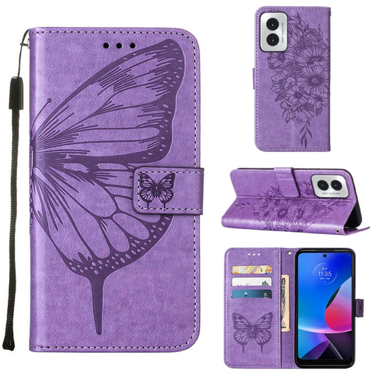 For Motorola Moto G Play 4G 2024 Embossed Butterfly Leather Phone Case(Purple) - Motorola Cases by buy2fix | Online Shopping UK | buy2fix