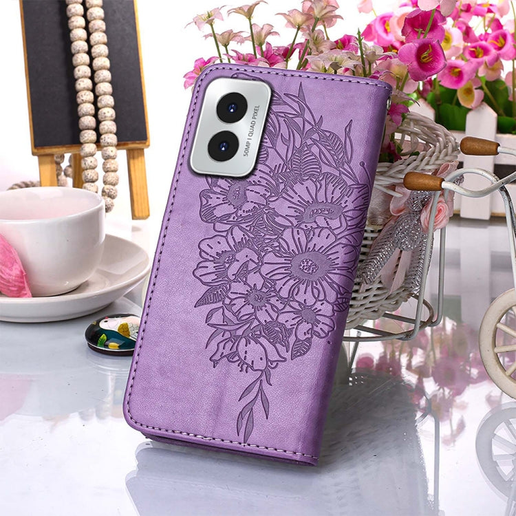 For Motorola Moto G Play 4G 2024 Embossed Butterfly Leather Phone Case(Purple) - Motorola Cases by buy2fix | Online Shopping UK | buy2fix