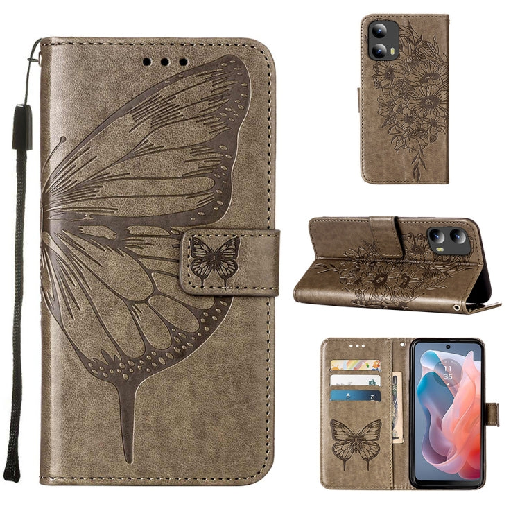 For Motorola Moto G Play 5G 2024 Embossed Butterfly Leather Phone Case(Grey) - Motorola Cases by buy2fix | Online Shopping UK | buy2fix