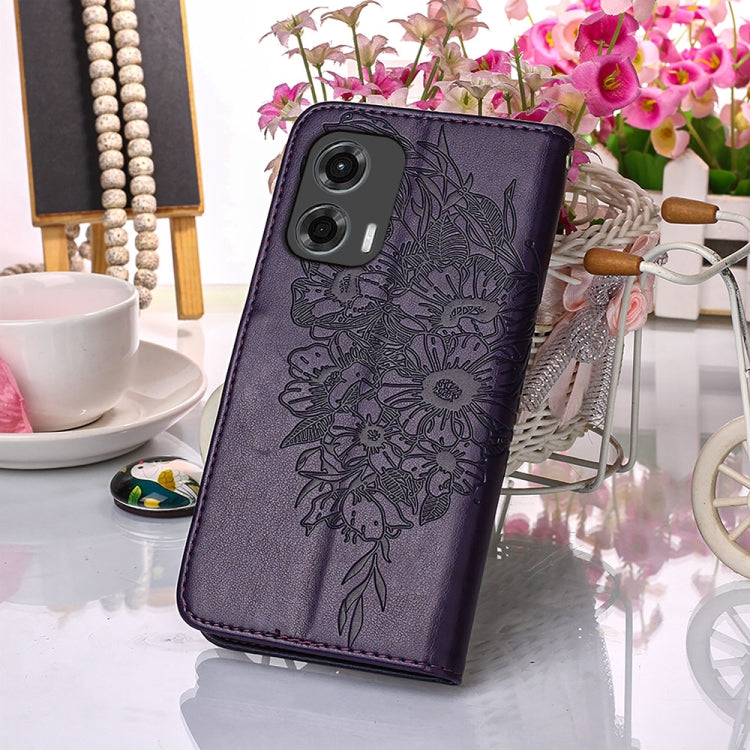 For Motorola Moto G Stylus 5G 2024 Embossed Butterfly Leather Phone Case(Dark Purple) - Motorola Cases by buy2fix | Online Shopping UK | buy2fix