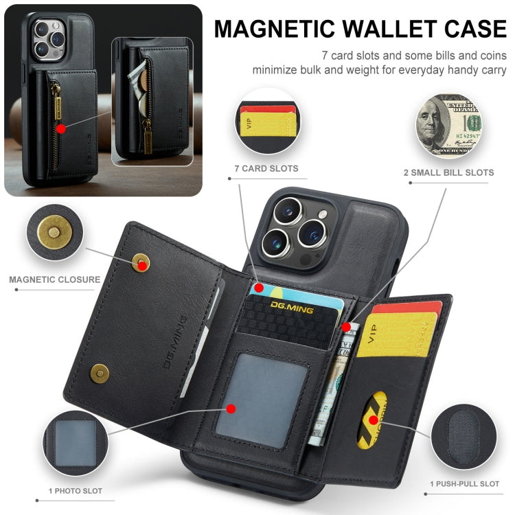 For iPhone 14 Pro Max DG.MING M5 Series Zip RFID Multi Card Detachable Leather Phone Case(Black) by DG.MING