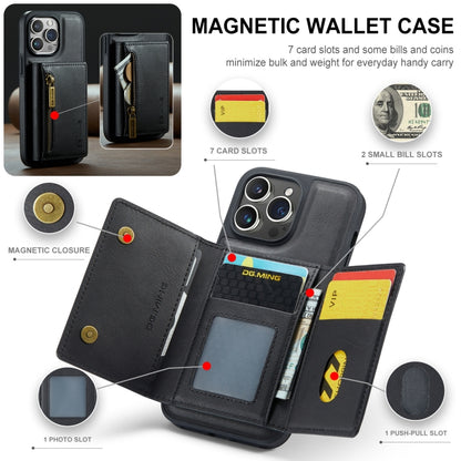For iPhone 14 Pro Max DG.MING M5 Series Zip RFID Multi Card Detachable Leather Phone Case(Black) by DG.MING