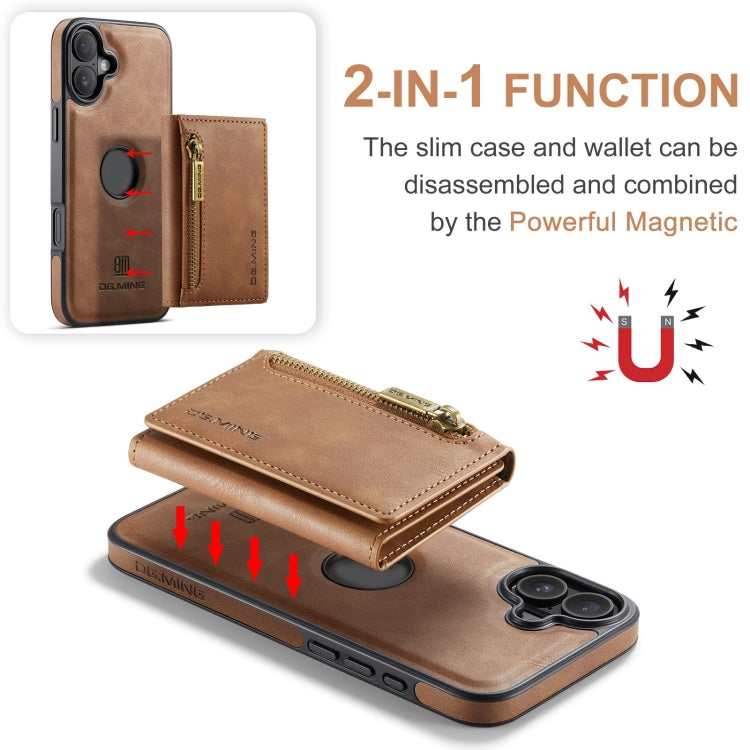 For iPhone 16 Plus DG.MING M5 Series Zip RFID Multi Card Detachable Leather Phone Case(Brown) - iPhone 16 Plus Cases by DG.MING | Online Shopping UK | buy2fix