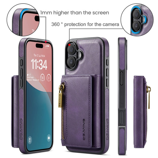 For iPhone 16 Plus DG.MING M5 Series Zip RFID Multi Card Detachable Leather Phone Case(Purple) by DG.MING