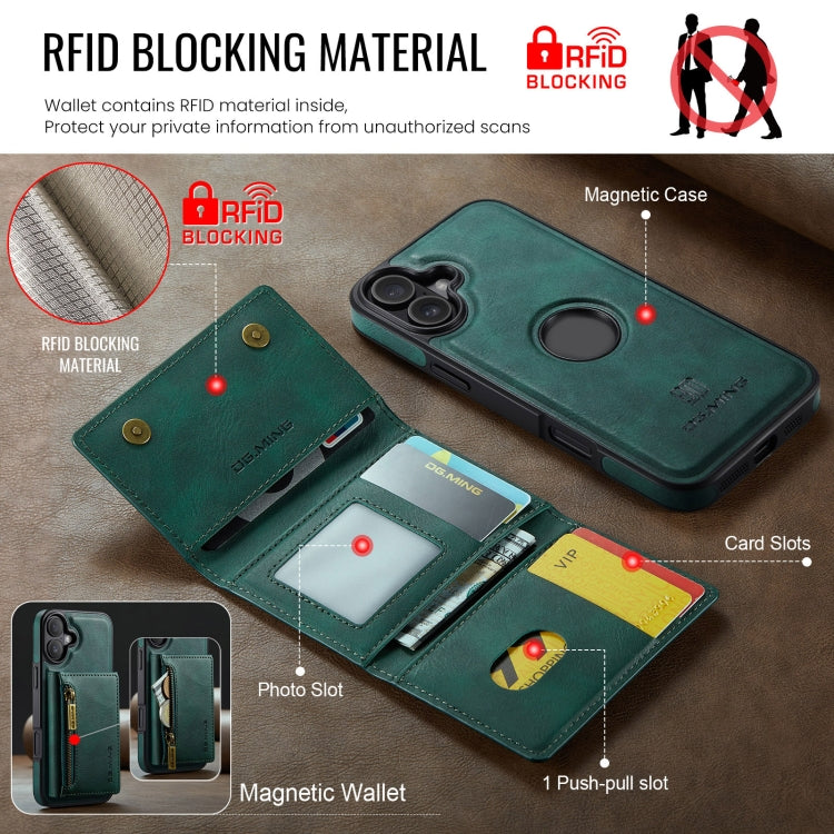 For iPhone 16 Plus DG.MING M5 Series Zip RFID Multi Card Detachable Leather Phone Case(Green) - iPhone 16 Plus Cases by DG.MING | Online Shopping UK | buy2fix