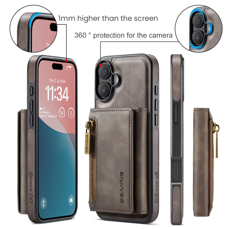 For iPhone 16 DG.MING M5 Series Zip RFID Multi Card Detachable Leather Phone Case(Coffee) - iPhone 16 Cases by DG.MING | Online Shopping UK | buy2fix