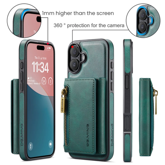 For iPhone 16 DG.MING M5 Series Zip RFID Multi Card Detachable Leather Phone Case(Green) by DG.MING