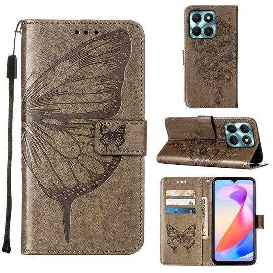 For Honor X6a Embossed Butterfly Leather Phone Case(Grey)