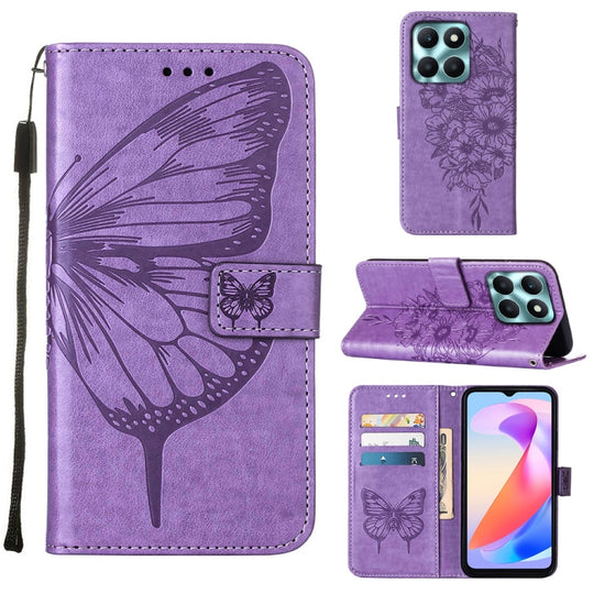 For Honor X6a Embossed Butterfly Leather Phone Case(Purple)