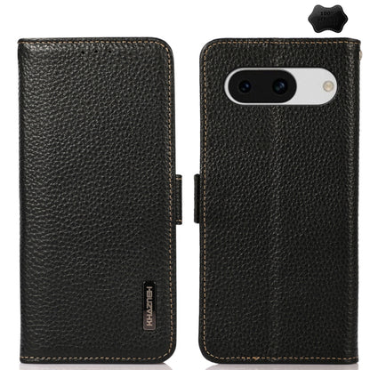 For Google Pixel 8a KHAZNEH Side-Magnetic Litchi Genuine Leather RFID Phone Case(Black) - Google Cases by buy2fix | Online Shopping UK | buy2fix