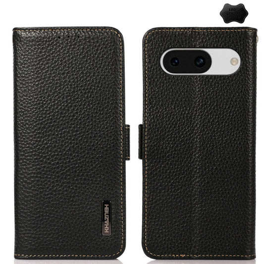 For Google Pixel 8a KHAZNEH Side-Magnetic Litchi Genuine Leather RFID Phone Case(Black) - Google Cases by buy2fix | Online Shopping UK | buy2fix