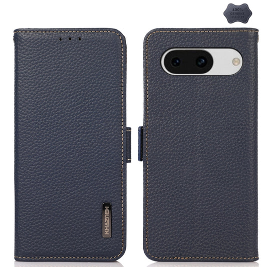 For Google Pixel 8a KHAZNEH Side-Magnetic Litchi Genuine Leather RFID Phone Case(Blue) - Google Cases by buy2fix | Online Shopping UK | buy2fix