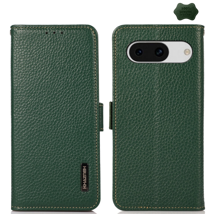 For Google Pixel 8a KHAZNEH Side-Magnetic Litchi Genuine Leather RFID Phone Case(Green) - Google Cases by buy2fix | Online Shopping UK | buy2fix