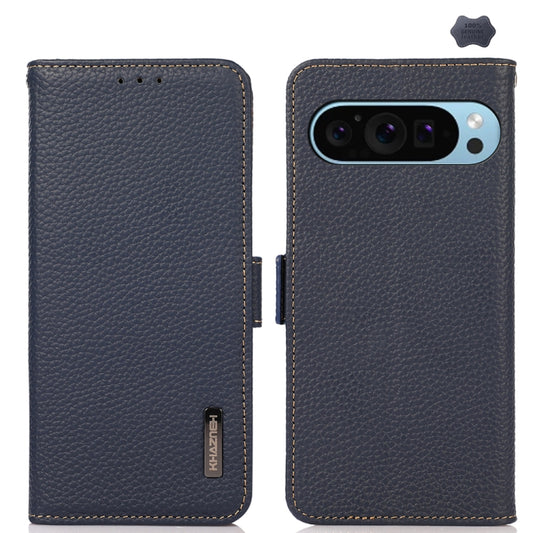 For Google Pixel 9 KHAZNEH Side-Magnetic Litchi Genuine Leather RFID Phone Case(Blue) by buy2fix