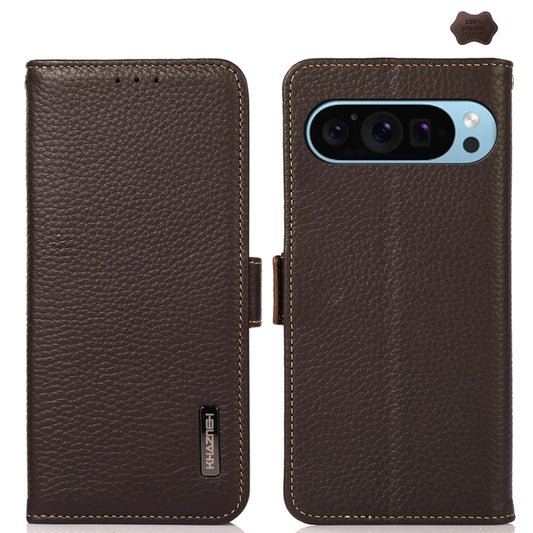 For Google Pixel 9 KHAZNEH Side-Magnetic Litchi Genuine Leather RFID Phone Case(Brown) by buy2fix