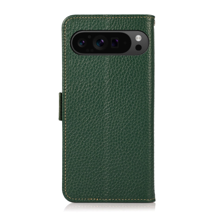 For Google Pixel 9 Pro KHAZNEH Side-Magnetic Litchi Genuine Leather RFID Phone Case(Green) - Google Cases by buy2fix | Online Shopping UK | buy2fix