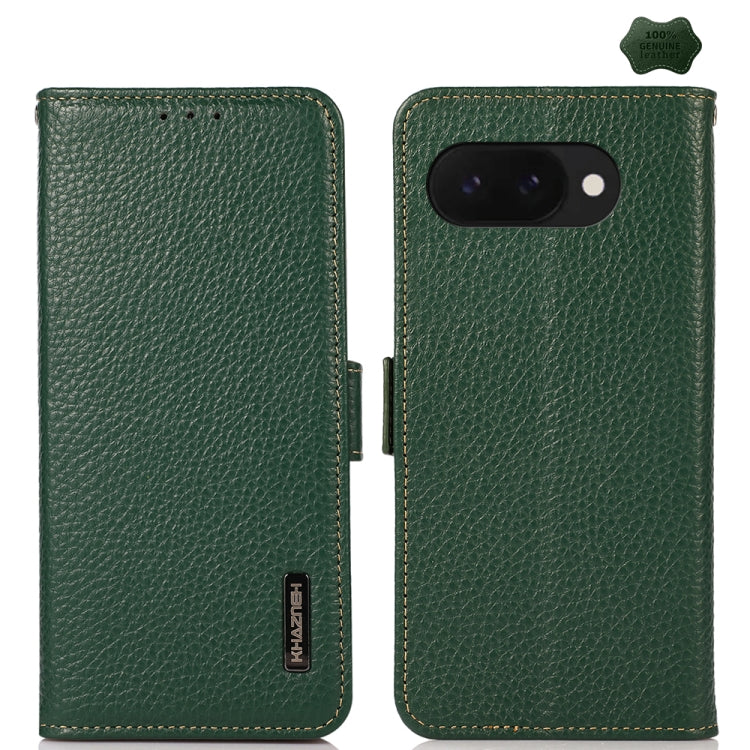 For Google Pixel 9a KHAZNEH Side-Magnetic Litchi Genuine Leather RFID Phone Case(Green) - Google Cases by buy2fix | Online Shopping UK | buy2fix