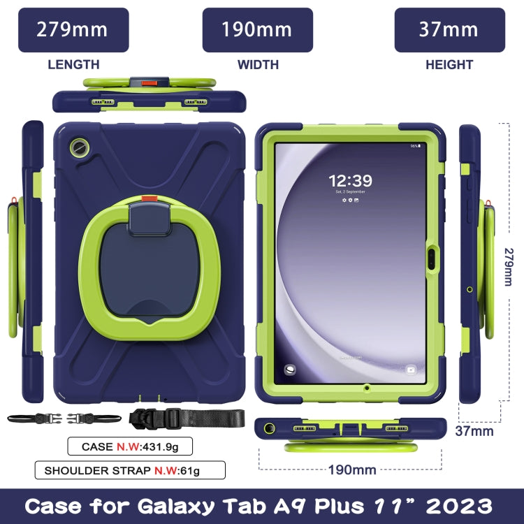 For Samsung Galaxy Tab A9+ Silicone Hybrid PC Tablet Case with Holder & Shoulder Strap(Navy Blue + Lime) - Galaxy Tab A9+ by buy2fix | Online Shopping UK | buy2fix