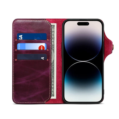For iPhone 15 Pro Denior Oil Wax Cowhide Magnetic Button Genuine Leather Case(Purple) - iPhone 15 Pro Cases by Denior | Online Shopping UK | buy2fix