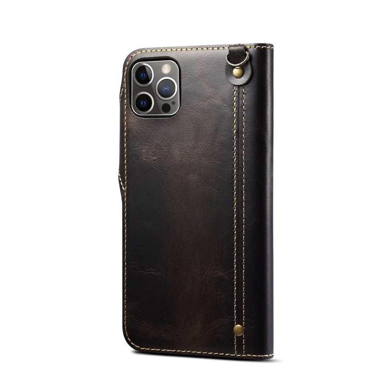 For iPhone 15 Plus Denior Oil Wax Cowhide Magnetic Button Genuine Leather Case(Black) - iPhone 15 Plus Cases by Denior | Online Shopping UK | buy2fix