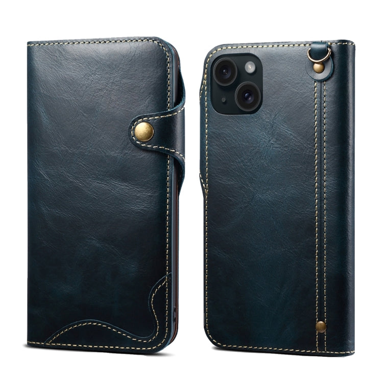 For iPhone 15 Plus Denior Oil Wax Cowhide Magnetic Button Genuine Leather Case(Dark Blue) - iPhone 15 Plus Cases by Denior | Online Shopping UK | buy2fix