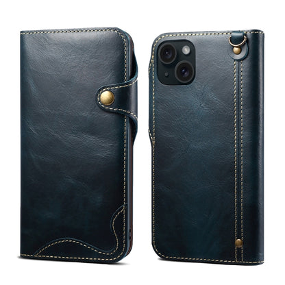 For iPhone 15 Plus Denior Oil Wax Cowhide Magnetic Button Genuine Leather Case(Dark Blue) - iPhone 15 Plus Cases by Denior | Online Shopping UK | buy2fix