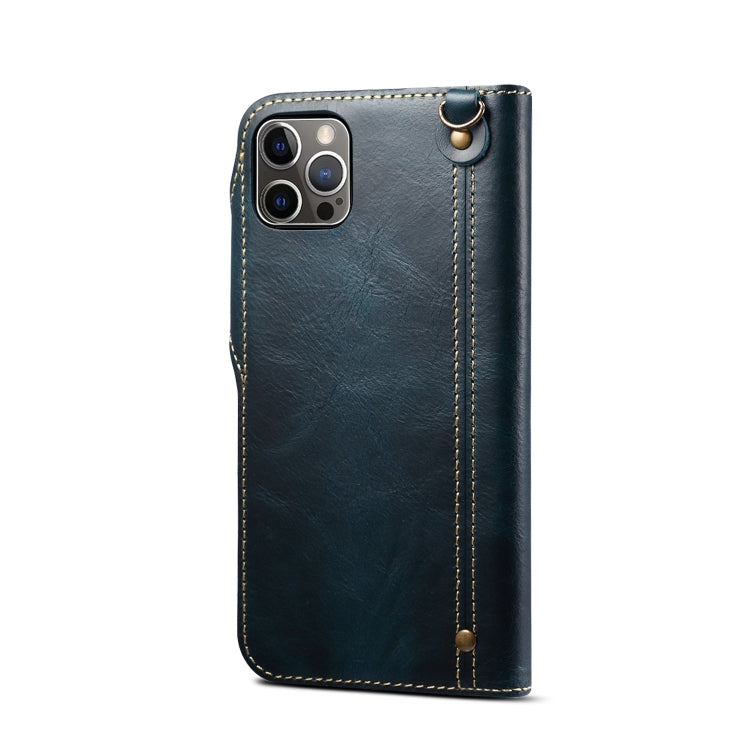For iPhone 15 Plus Denior Oil Wax Cowhide Magnetic Button Genuine Leather Case(Dark Blue) - iPhone 15 Plus Cases by Denior | Online Shopping UK | buy2fix