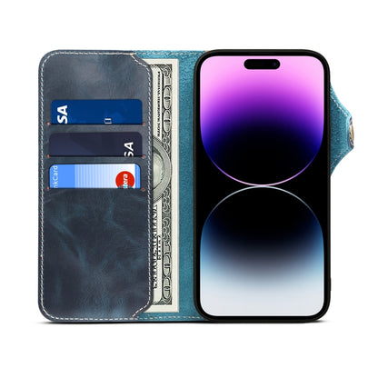 For iPhone 15 Plus Denior Oil Wax Cowhide Magnetic Button Genuine Leather Case(Dark Blue) - iPhone 15 Plus Cases by Denior | Online Shopping UK | buy2fix