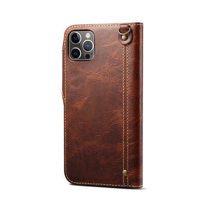 For iPhone 15 Plus Denior Oil Wax Cowhide Magnetic Button Genuine Leather Case(Brown) - iPhone 15 Plus Cases by Denior | Online Shopping UK | buy2fix