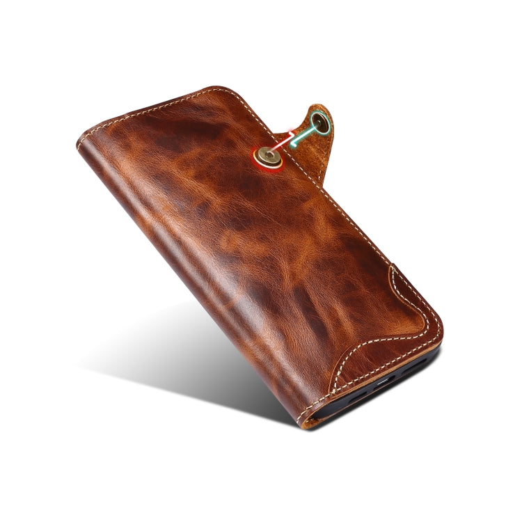 For iPhone 15 Plus Denior Oil Wax Cowhide Magnetic Button Genuine Leather Case(Brown) - iPhone 15 Plus Cases by Denior | Online Shopping UK | buy2fix