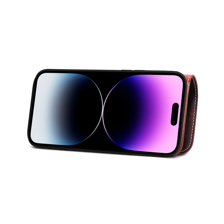 For iPhone 15 Plus Denior Oil Wax Cowhide Magnetic Button Genuine Leather Case(Dark Red) - iPhone 15 Plus Cases by Denior | Online Shopping UK | buy2fix