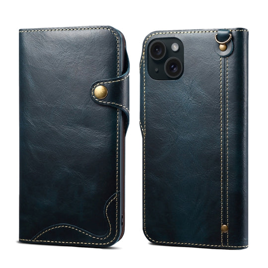 For iPhone 15 Denior Oil Wax Cowhide Magnetic Button Genuine Leather Case(Dark Blue)