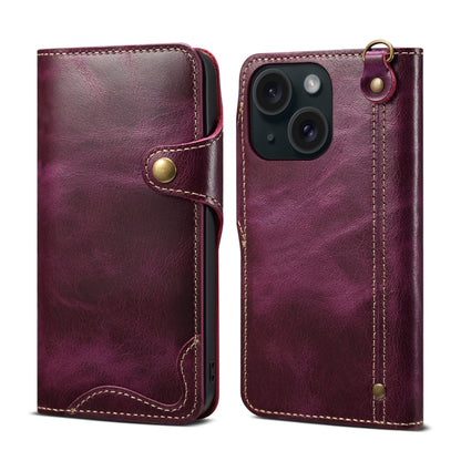 For iPhone 15 Denior Oil Wax Cowhide Magnetic Button Genuine Leather Case(Purple) - iPhone 15 Cases by Denior | Online Shopping UK | buy2fix
