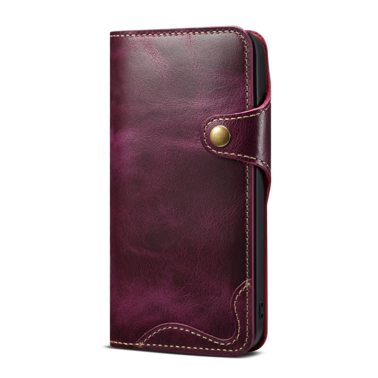For iPhone 15 Denior Oil Wax Cowhide Magnetic Button Genuine Leather Case(Purple) - iPhone 15 Cases by Denior | Online Shopping UK | buy2fix