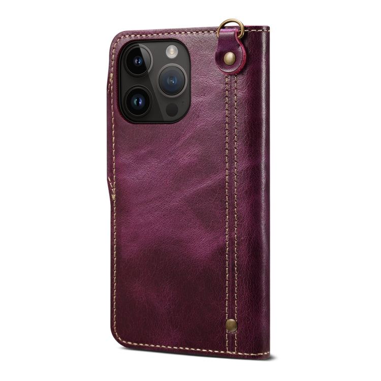 For iPhone 15 Denior Oil Wax Cowhide Magnetic Button Genuine Leather Case(Purple) - iPhone 15 Cases by Denior | Online Shopping UK | buy2fix