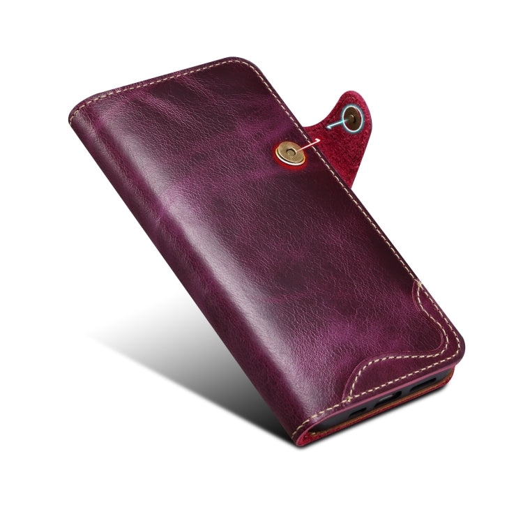 For iPhone 15 Denior Oil Wax Cowhide Magnetic Button Genuine Leather Case(Purple) - iPhone 15 Cases by Denior | Online Shopping UK | buy2fix