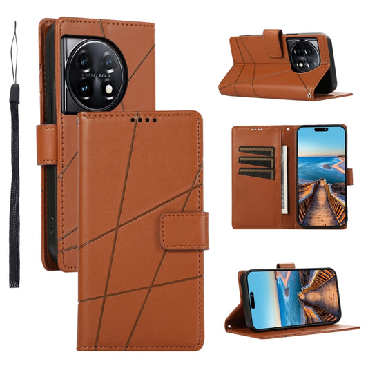 For OnePlus 11 PU Genuine Leather Texture Embossed Line Phone Case(Brown) - OnePlus Cases by buy2fix | Online Shopping UK | buy2fix