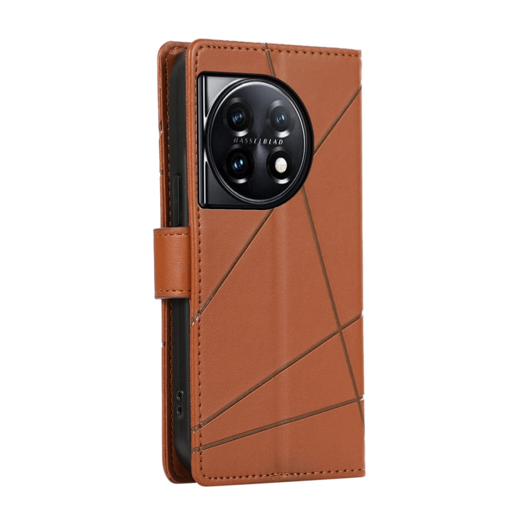 For OnePlus 11 PU Genuine Leather Texture Embossed Line Phone Case(Brown) - OnePlus Cases by buy2fix | Online Shopping UK | buy2fix