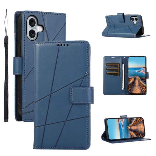 For iPhone 16 Plus PU Genuine Leather Texture Embossed Line Phone Case(Blue) - iPhone 16 Plus Cases by buy2fix | Online Shopping UK | buy2fix