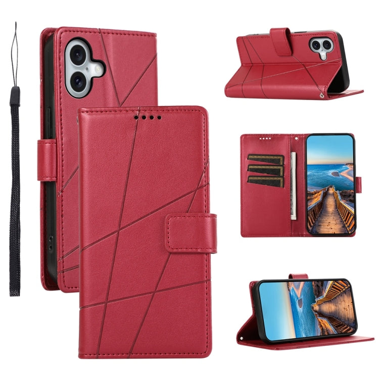 For iPhone 16 Plus PU Genuine Leather Texture Embossed Line Phone Case(Red) by buy2fix