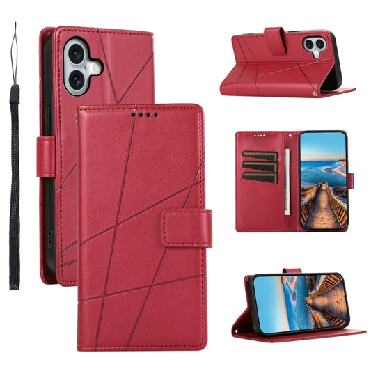 For iPhone 16 Plus PU Genuine Leather Texture Embossed Line Phone Case(Red) - iPhone 16 Plus Cases by buy2fix | Online Shopping UK | buy2fix