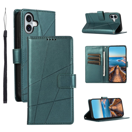 For iPhone 16 Plus PU Genuine Leather Texture Embossed Line Phone Case(Green) - iPhone 16 Plus Cases by buy2fix | Online Shopping UK | buy2fix