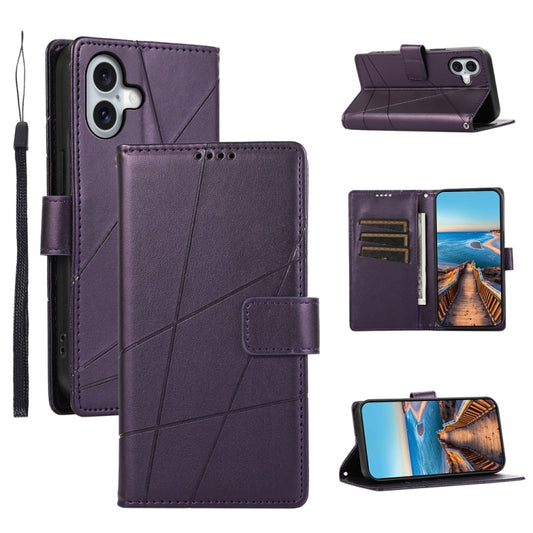 For iPhone 16 Plus PU Genuine Leather Texture Embossed Line Phone Case(Purple) - iPhone 16 Plus Cases by buy2fix | Online Shopping UK | buy2fix