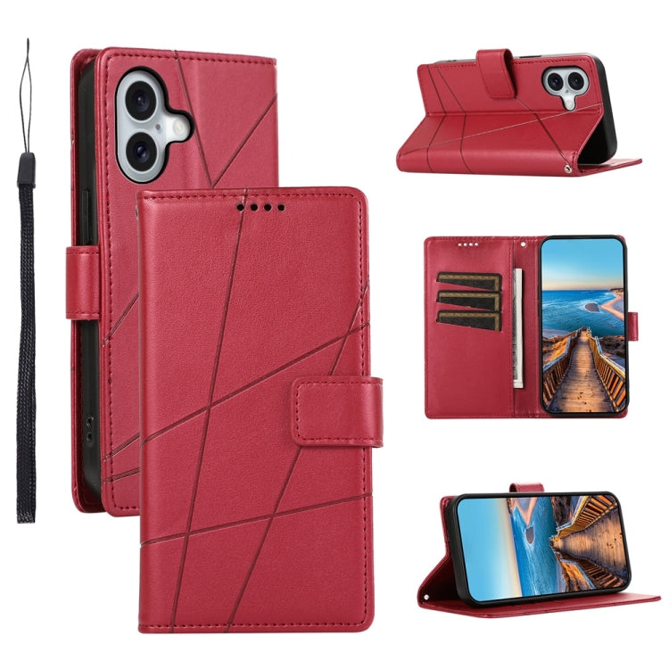 For iPhone 16 PU Genuine Leather Texture Embossed Line Phone Case(Red) by buy2fix