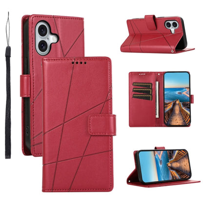 For iPhone 16 PU Genuine Leather Texture Embossed Line Phone Case(Red) by buy2fix