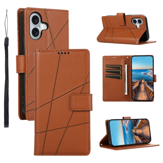 For iPhone 16 PU Genuine Leather Texture Embossed Line Phone Case(Brown) - iPhone 16 Cases by buy2fix | Online Shopping UK | buy2fix