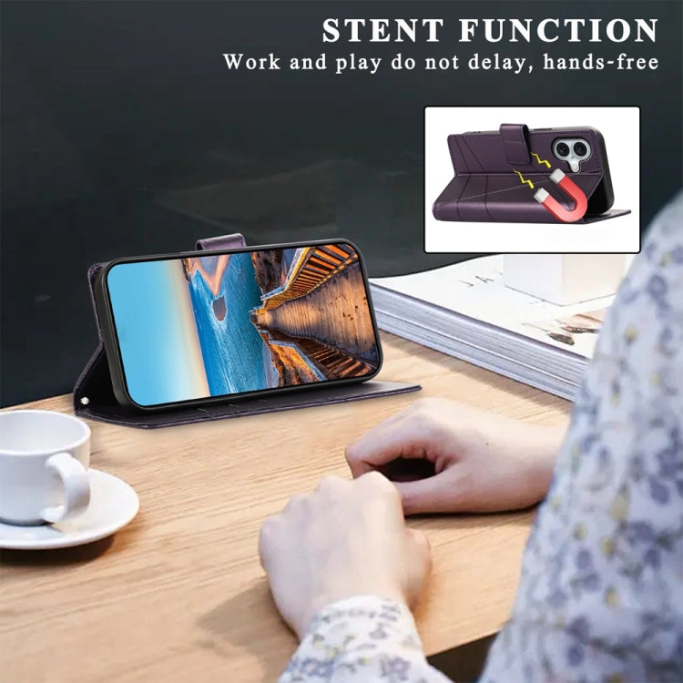 For iPhone 16 PU Genuine Leather Texture Embossed Line Phone Case(Purple) - iPhone 16 Cases by buy2fix | Online Shopping UK | buy2fix